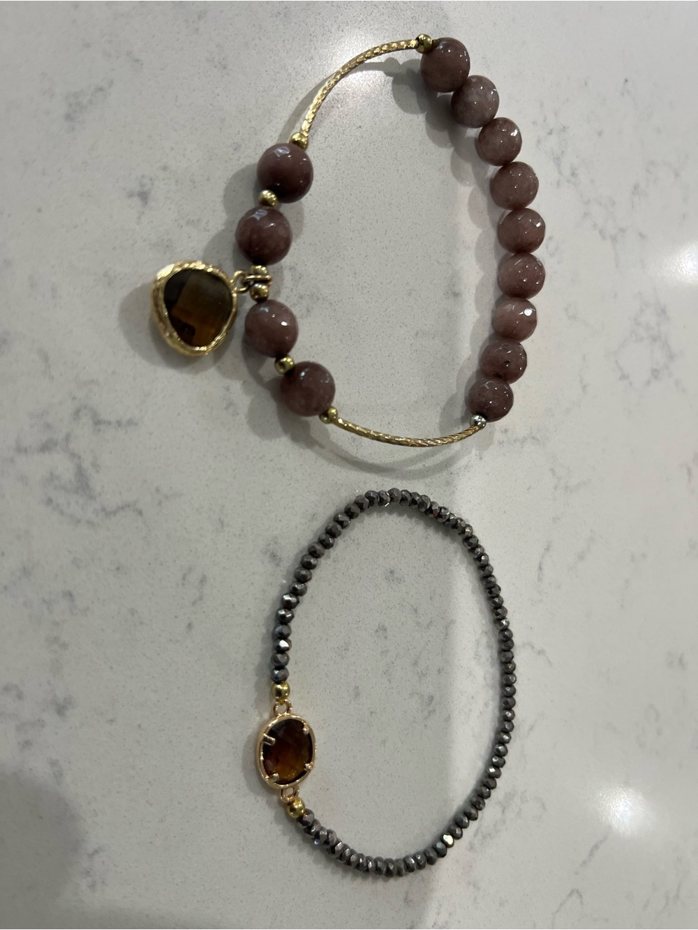 Gold-Accent Brown Beaded Stretch Bracelet with Amber Gem